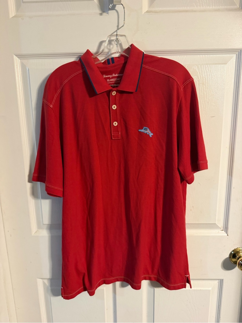 Tommy Bahama Red Polo with Blue Contrast Logo and Collar Trim